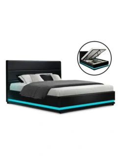 Lumi Gas Lift Bed Frame Black Leather RGB LED Queen -Home Bedding Shop 887810860 2 720x928