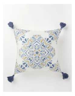 Heritage Korella Roman Medallion Print Chenille Cushion 50x50cm In Blue